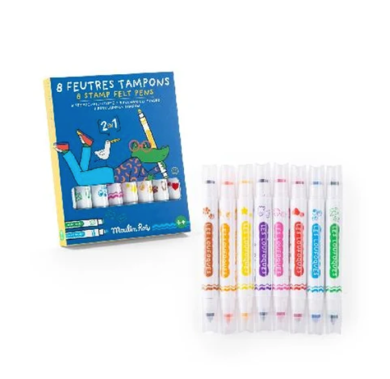 Les Loufoques - 8 Stamp Felt Pens 2-in-1 By Moulin Roty