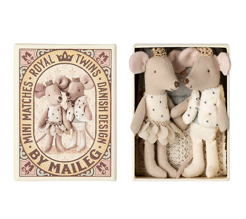 Royal twins mice, Little Sister (beige skirt) and Brother in box Maileg