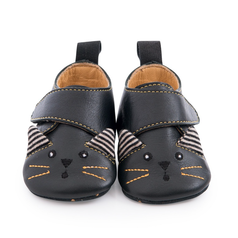Moustaches - Black Cat Leather Slippers 18-24m By Moulin Roty