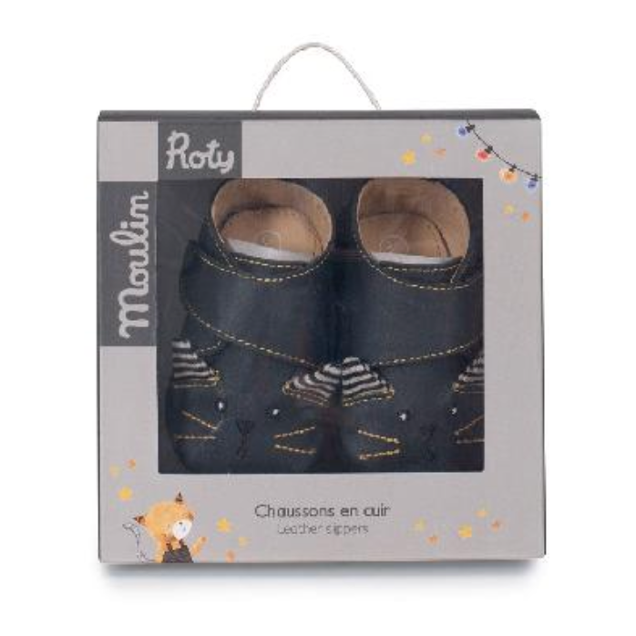 Moustaches - Black Cat Leather Slippers 18-24m By Moulin Roty