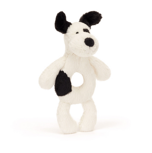Bashful Black & Cream Puppy Ring Rattle by Jellycat