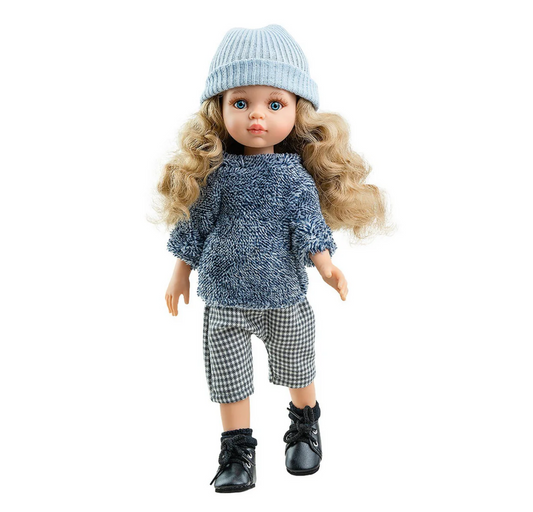 Las Amigas Doll - Carla with blue sweater and three-quarter pants and a hat - Paola Reina - Minikane