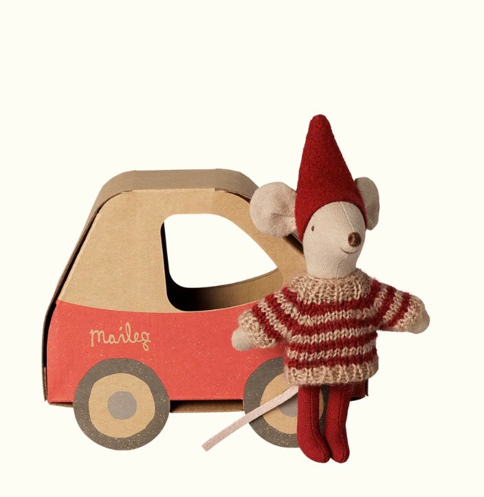 Christmas mouse, Little sister in car box By Maileg