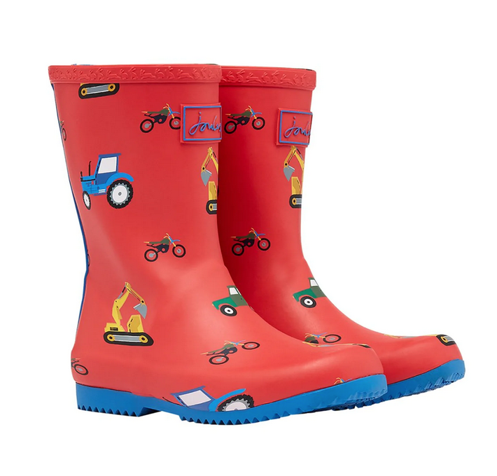 Joules Roll Up Waterproof Rain Boot Red & Yellow Vehicle