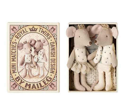 Royal twins mice, Little Sister (beige skirt)  and Brother in box Maileg