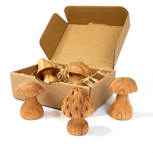 Wood Mushrooms Hand Carved 5pcs By Papoose
