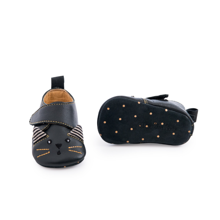 Moustaches - Black Cat Leather Slippers 18-24m By Moulin Roty