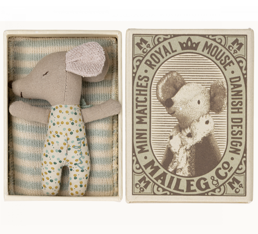 Maileg Sleepy/wakey baby mouse in matchbox - Blue