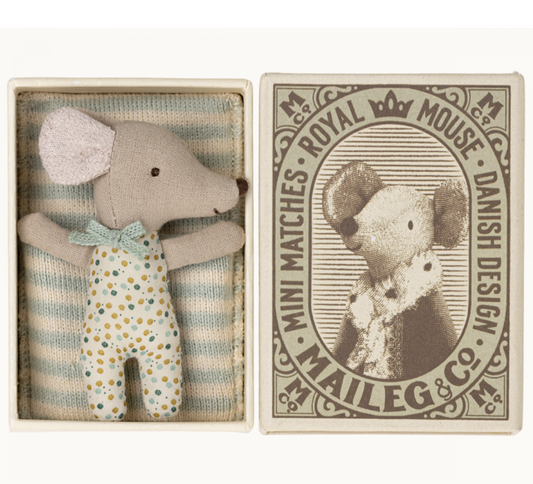 Maileg Sleepy/wakey baby mouse in matchbox - Blue